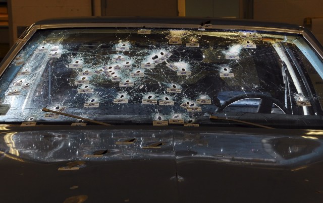 A 2012 forensics photo shows bullet holes in the Chevrolet Malibu in Brelo’s case. (Ohio Attorney General’s Office via Associated Press)